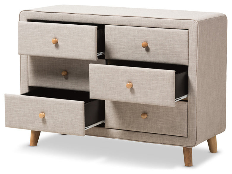 Jonesy Mid-Century Beige Linen Upholstered 6-Drawer Dresser
