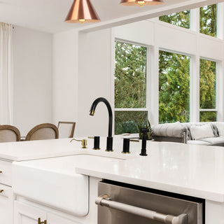 Two-Handles Copper Widespread Kitchen Faucet With Side Sprayer, Matte Black & Gold