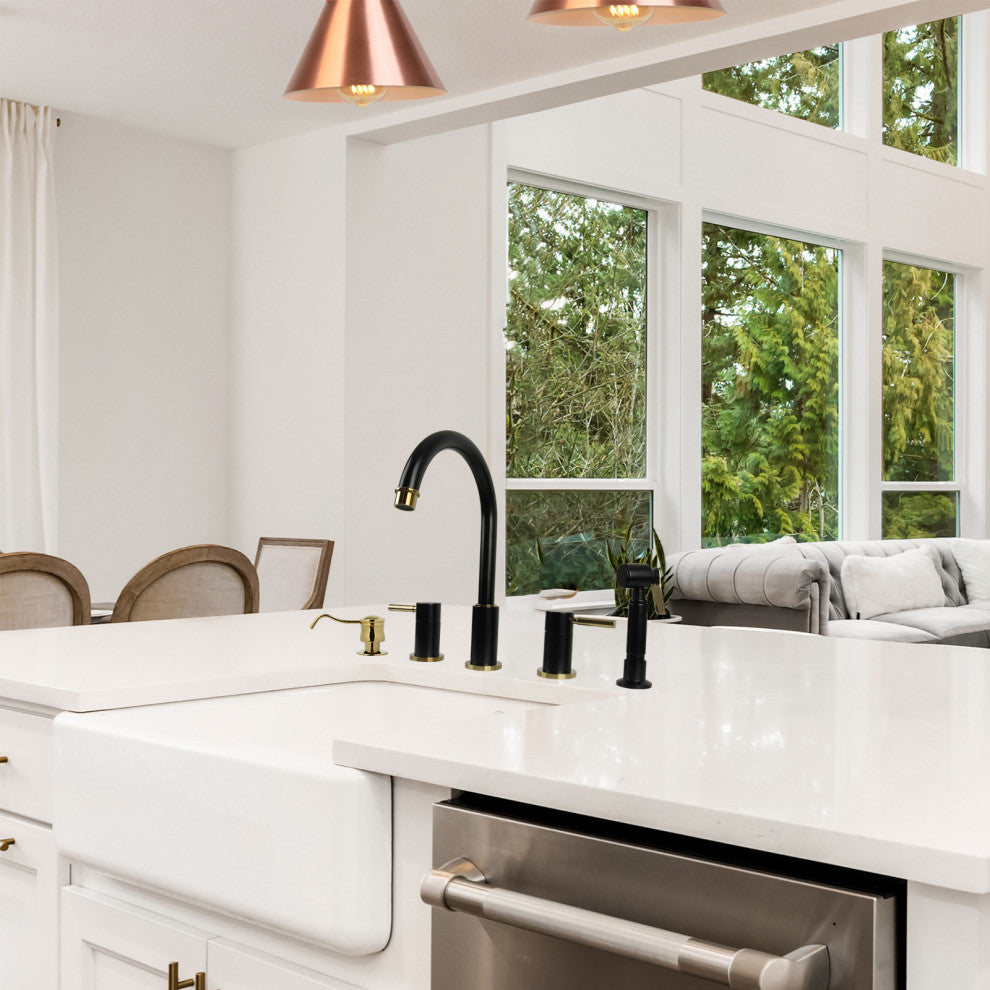 Two-Handles Copper Widespread Kitchen Faucet With Side Sprayer, Matte Black & Gold