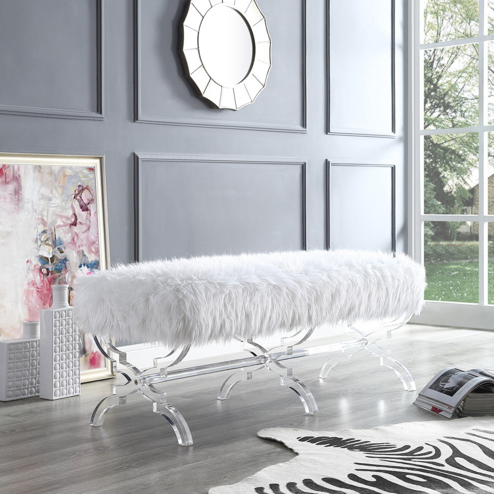 Enzo Faux Fur Acrylic X-Leg Bench, Cream White