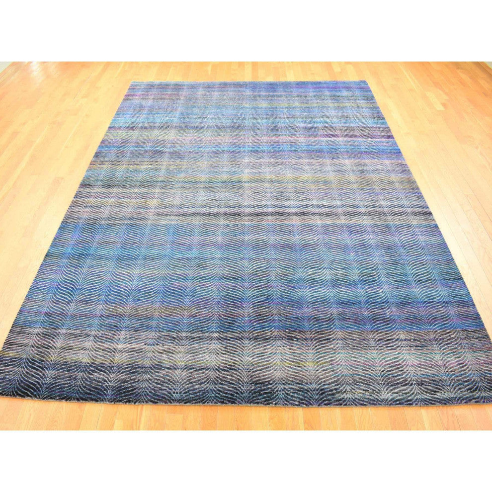 Colorful Modern Leaf Design Silk and Wool Hand Knotted Oriental Rug, 9'1"x12'3"