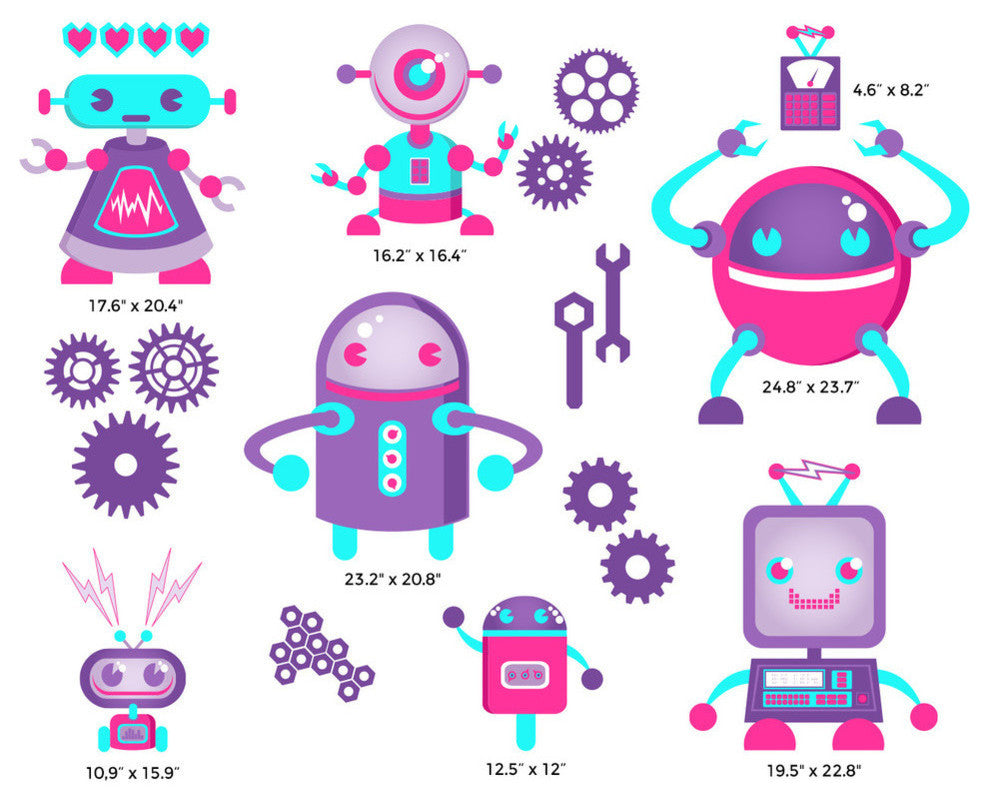 Robot Fabric Wall Decals for Girls, Full Set, Jumbo Sized