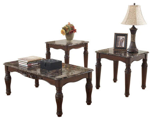 Benzara BM190135 Wooden Table With Turned Legs & Faux Marble Top, 3-Piece Set