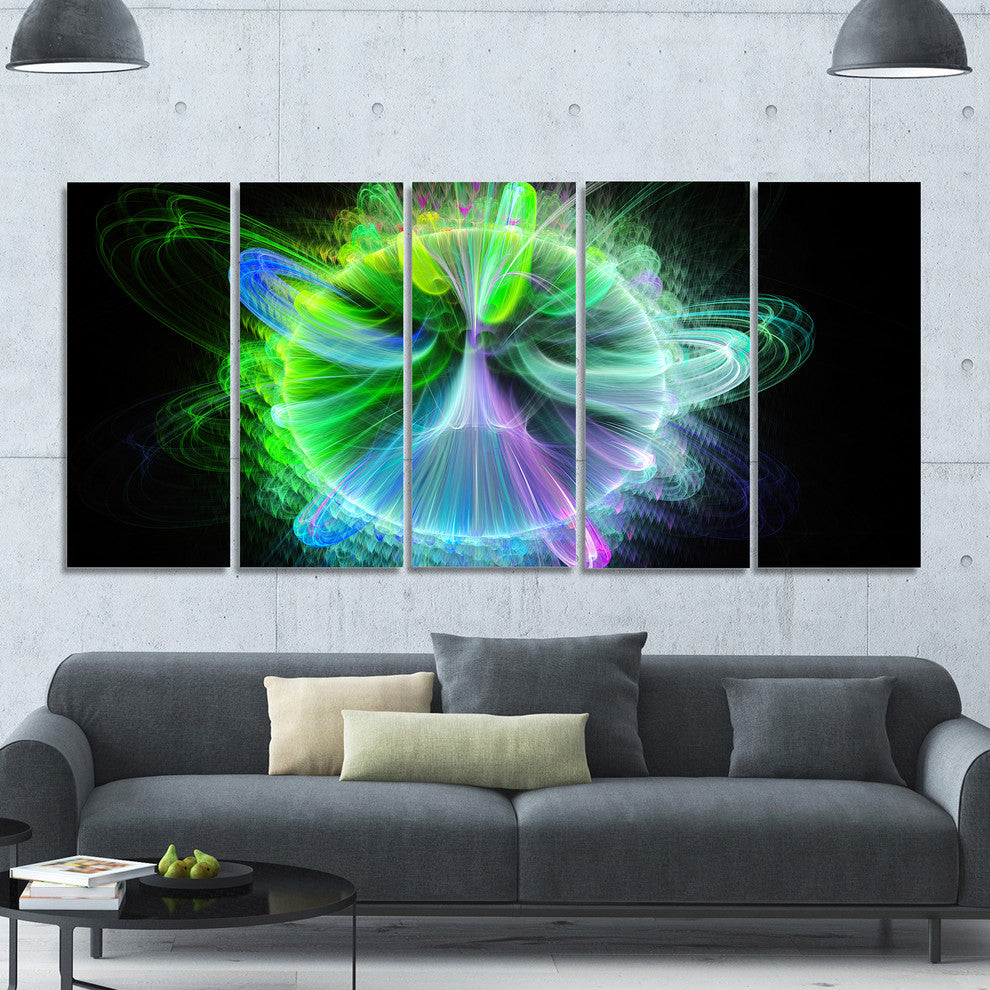 Bright Blue Fractal Vortices of Energy, Floral Canvas Print, 60"x28", 5 Panels