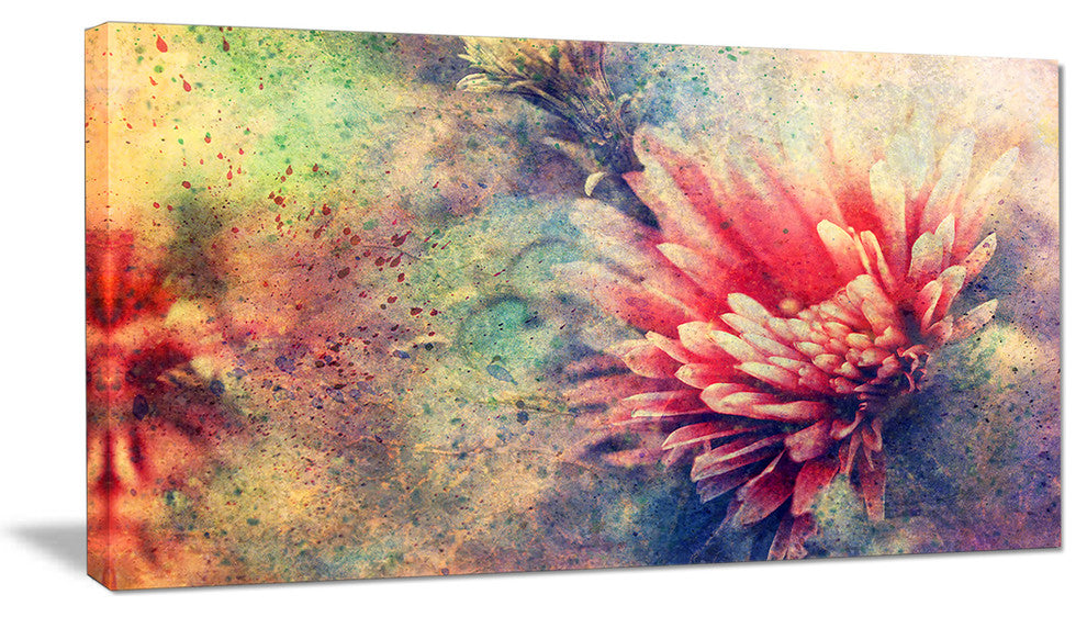 Grunge Art with Flower and Splashes, Flower Artwork on Canvas, 32"x16"
