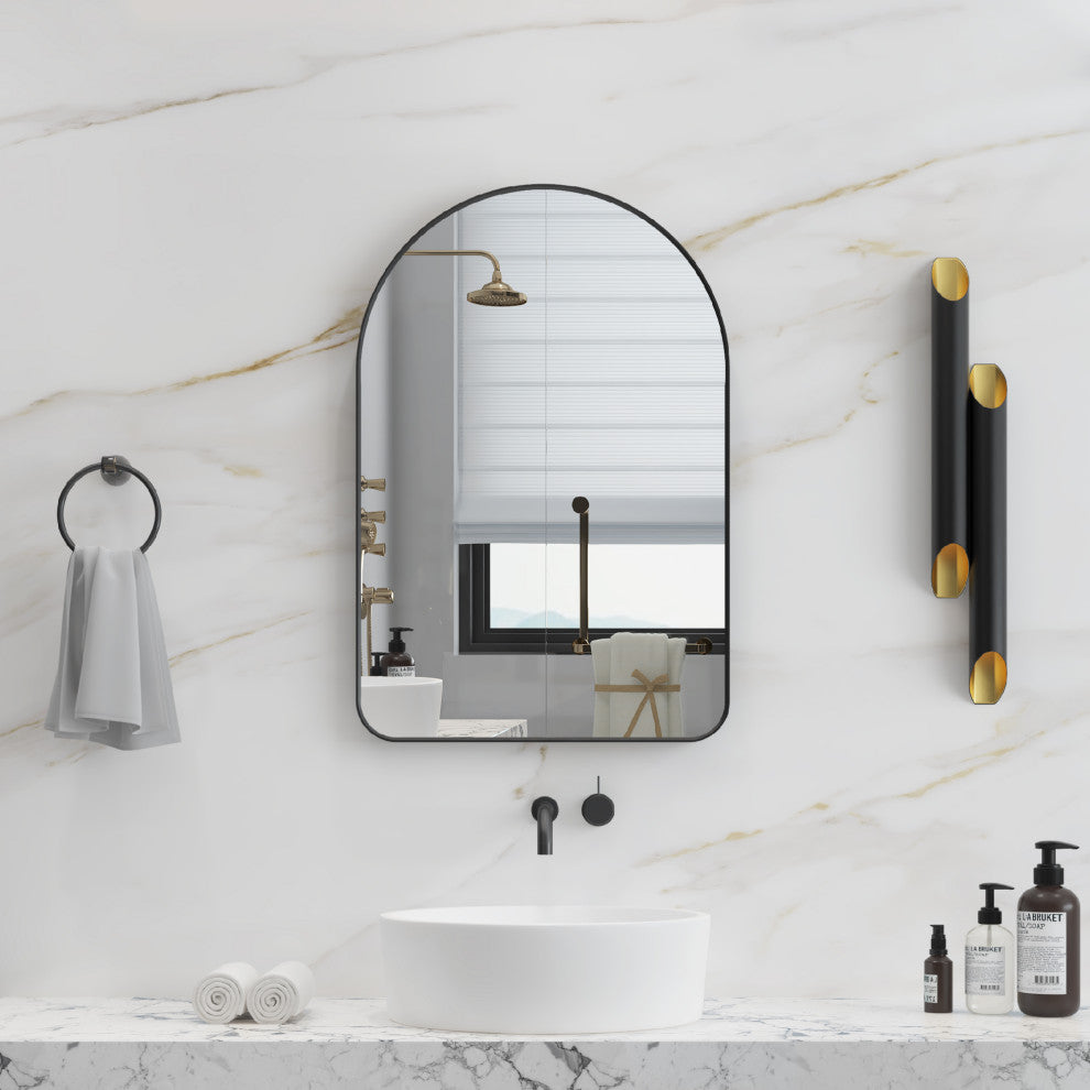 24"x36" Arched Bathroom Wall-mounted Mirror with Aluminum Frame, Matte Black