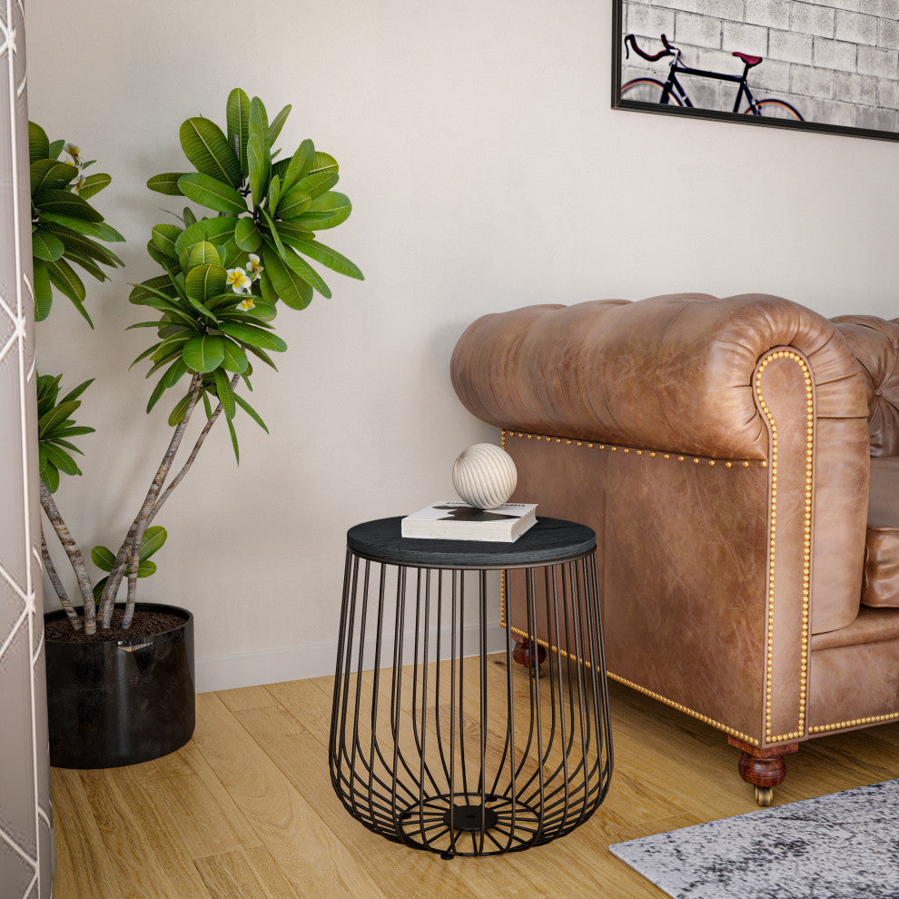 LeisureMod Runswick Modern Wood Top End Table With Metal Base, Black