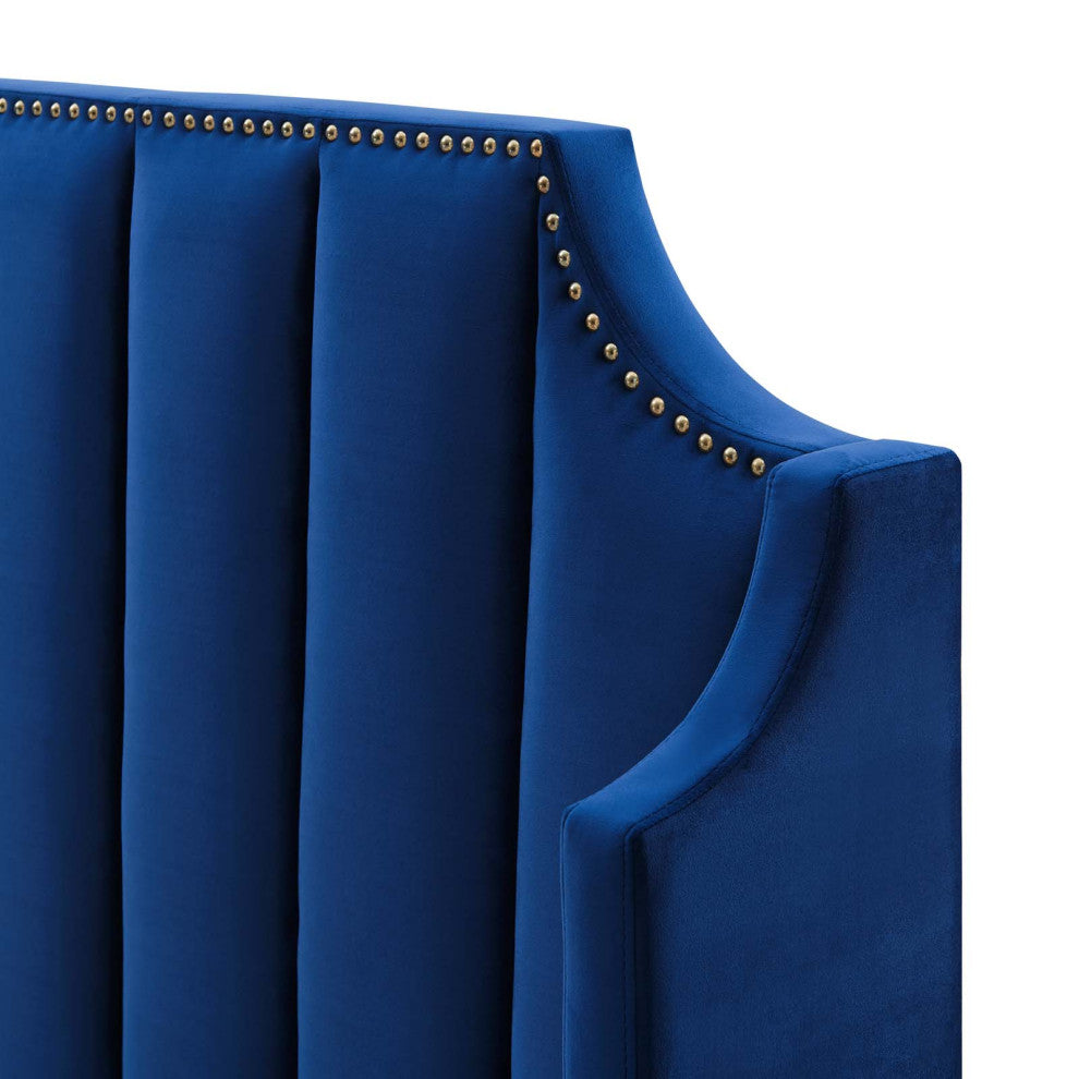 Platform Bed Frame, Queen Size, Velvet, Blue Navy, Modern Contemporary, Bedroom