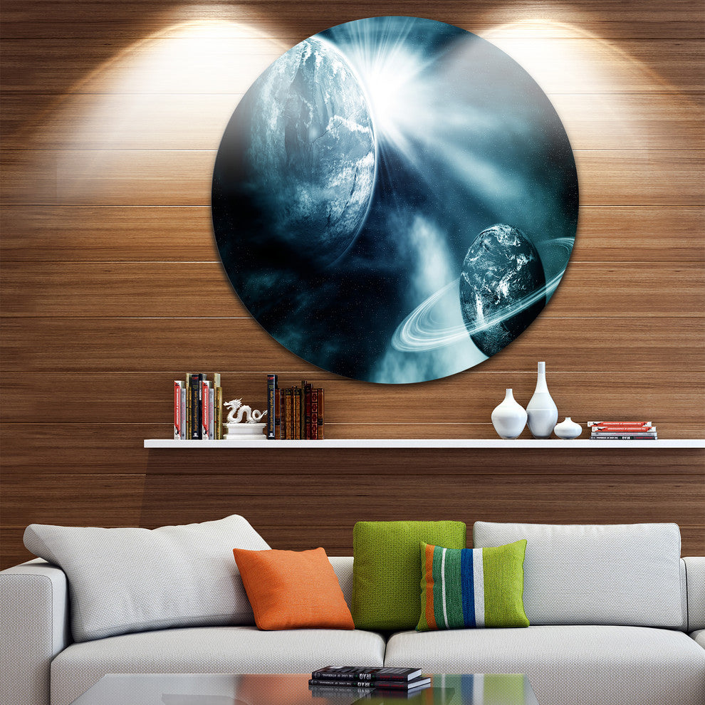 Space View With Two Planets, Modern Spacescape Round Wall Art, 11"