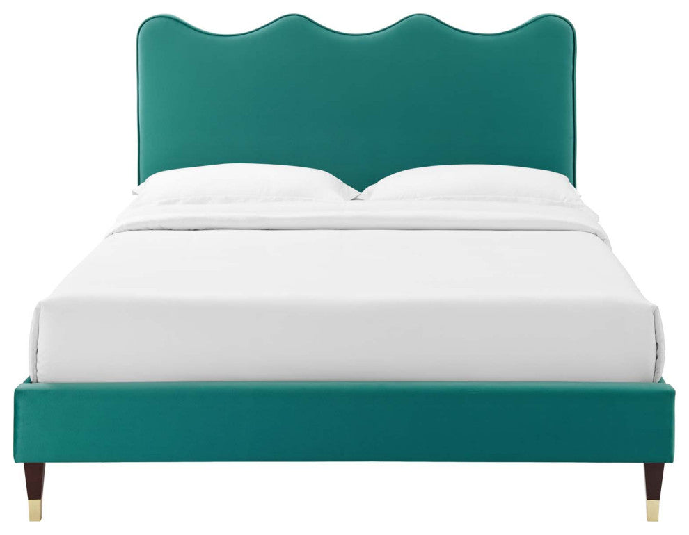Platform Bed Frame, King Size, Teal Blue, Velvet, Modern, Bedroom Guest Suite