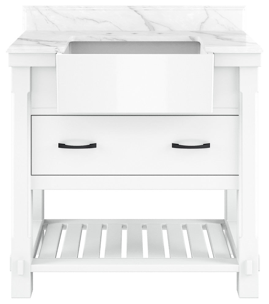 Freestanding Bath Vanity in White with White Quartz Top, 36in