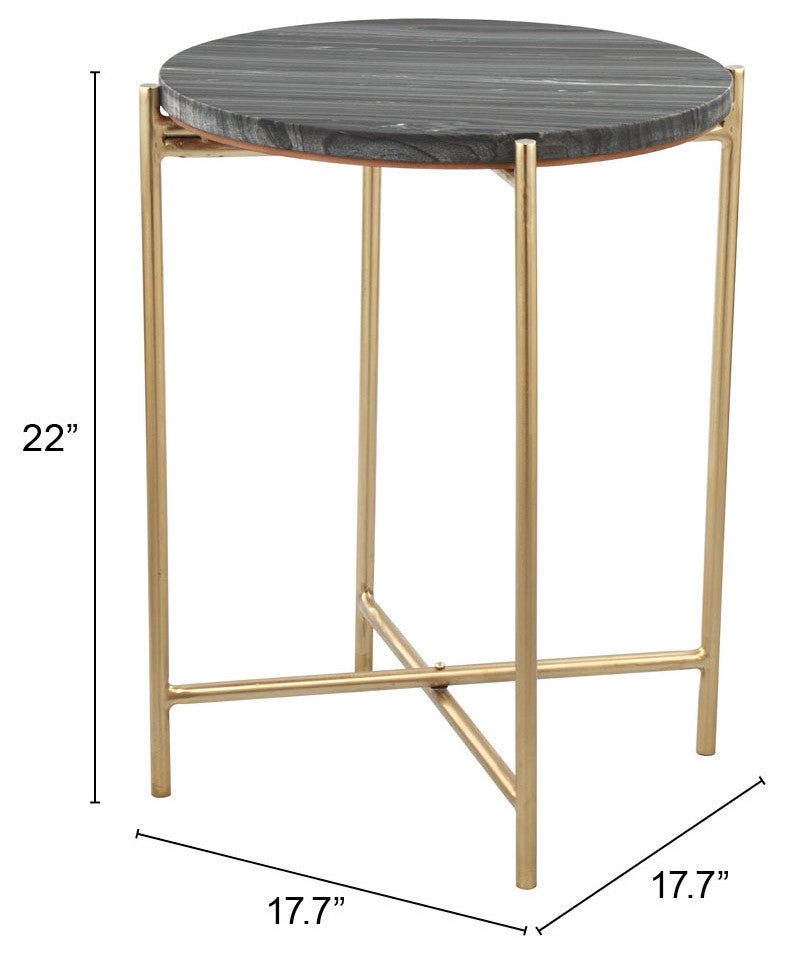 Sofa Side Table, Round, Artificial Marble, Iron Metal, Gray, Gold, Lounge