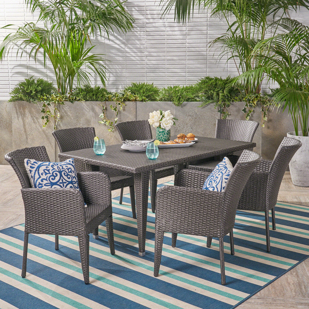 GDF Studio 7-Piece Hans Outdoor Wicker Dining Set, Gray
