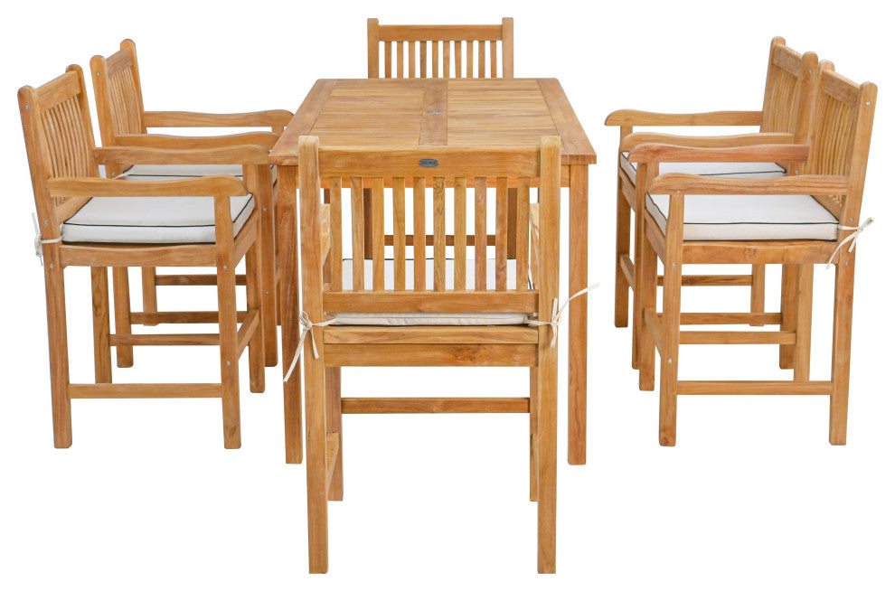 7 Piece Teak Elzas 71" Rect. Bistro Counter Set, 6 Counter Stools, Arms