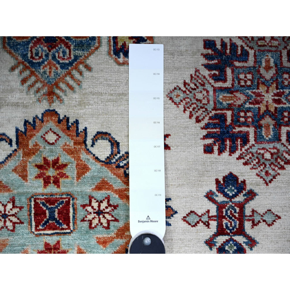 Smoky White Wool Hand Knotted Afghan Super Kazak Oriental Rug, 9'2"x11'10"
