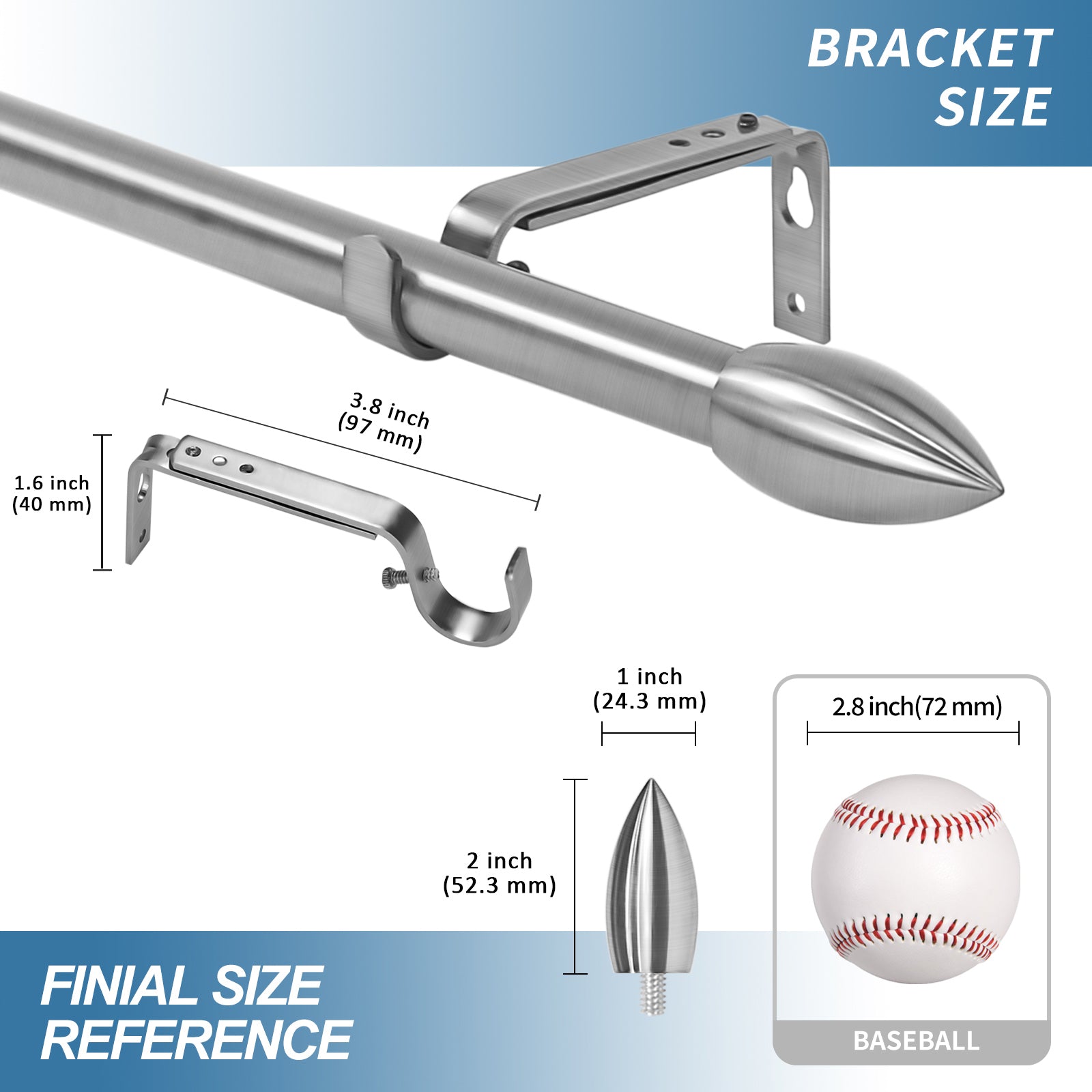 5/8" Adjustable Bullet Drapery Rod, 28"-48", Brushed Steel
