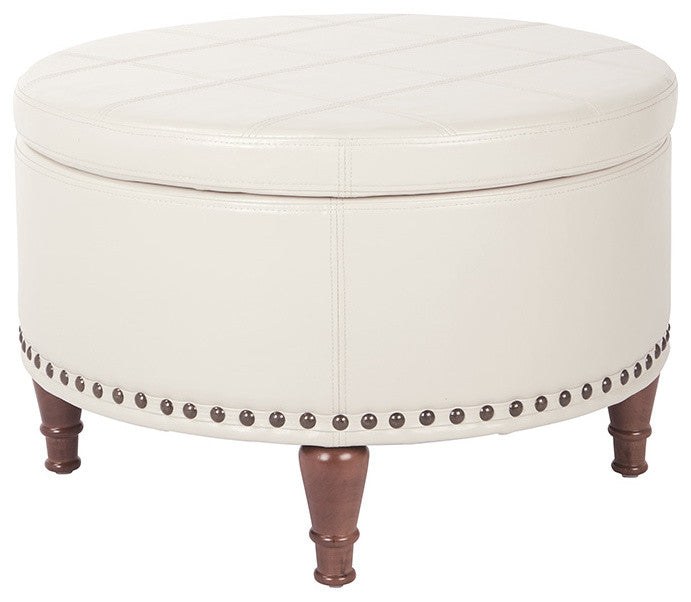 Alloway Faux Leather Storage Ottoman With Antique Bronze Nailheads, Cream
