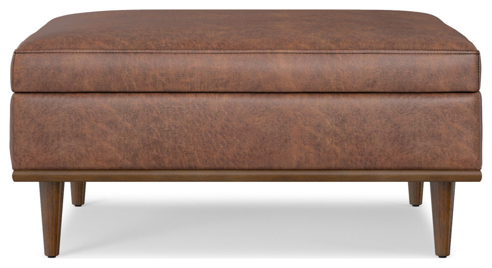 Shiloh Square Storage Ottoman, Distressed Saddle Brown Vegan Faux Leather