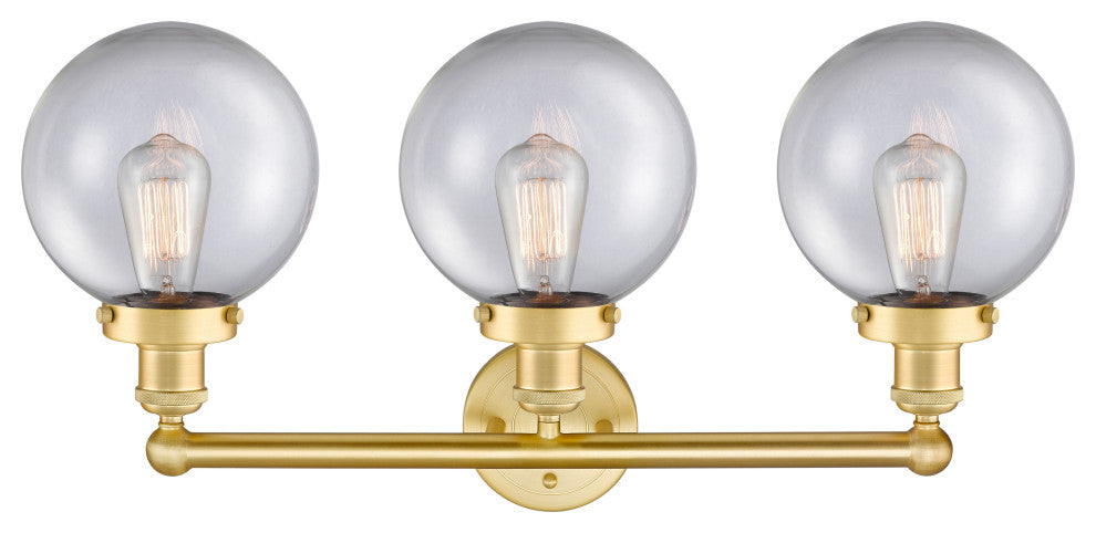 Edison Large Beacon 3-Light 25" Vanity Light, Satin Gold Finish, Clear Shade