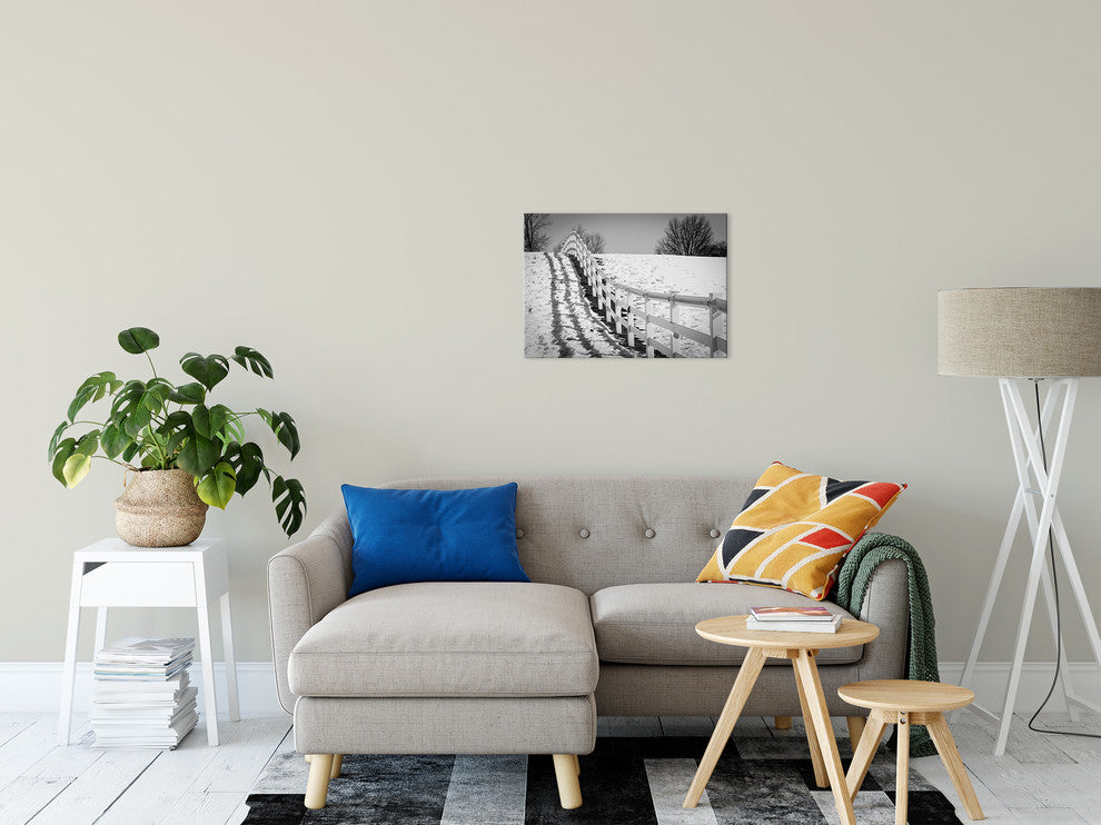 Endless Fence Rural Black & White Landscape Photo Canvas Wall Art Print, 16" X 20"