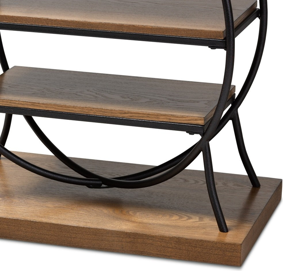 Vintage Walnut Brown Wood & Dark Bronze Finished Metal Circular Console Table