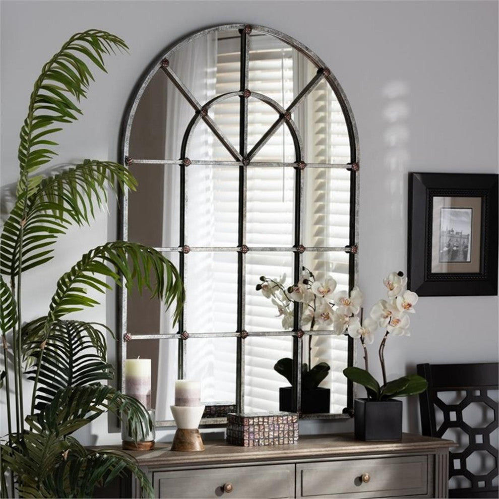 Baxton Studio Vintage Farmhouse Silver Finished Arched Window Wall Mir
