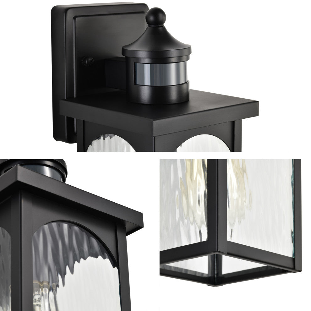 12 in. 1-Light Black Motion Sensing Wall Lantern Sconce Water Wave Glass 2PACK