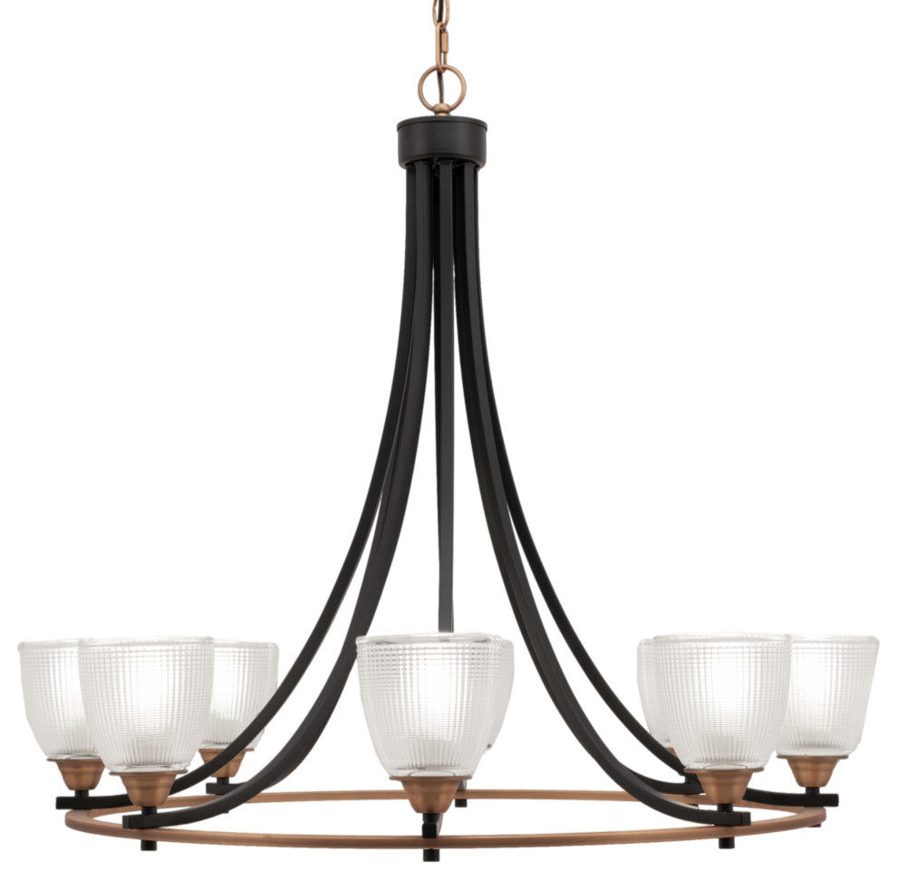 Paramount 8-Light Chandelier, Matte Black & Brass, 5" Clear Ribbed Glass