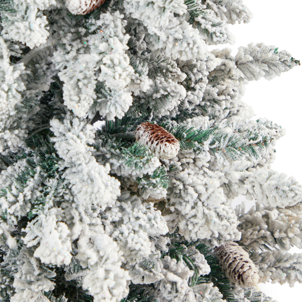 4.5' Flocked Livingston Fir Faux Xmas Tree W/Pinecones & Lights, Tall Planter