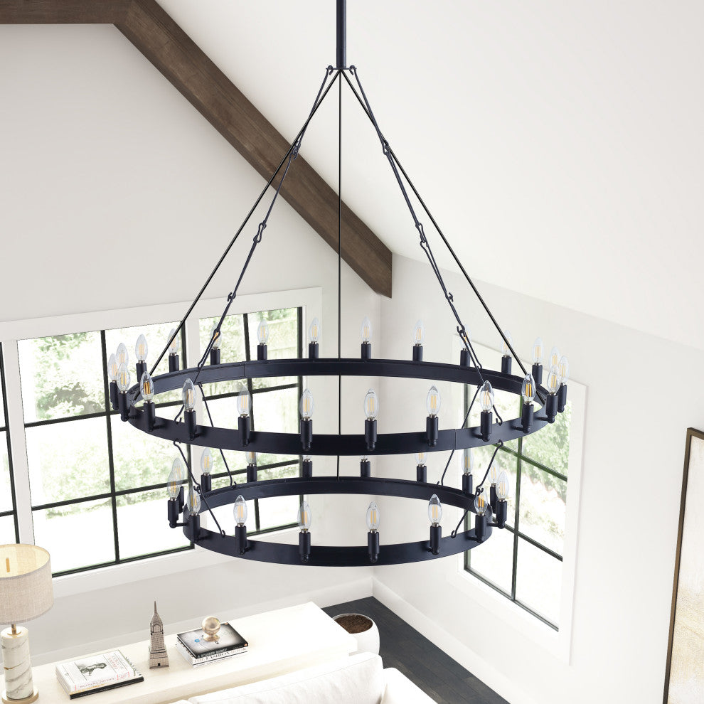 28-Light Wagon Wheel Chandelier Candle Tiered Pendant Lighting, Black