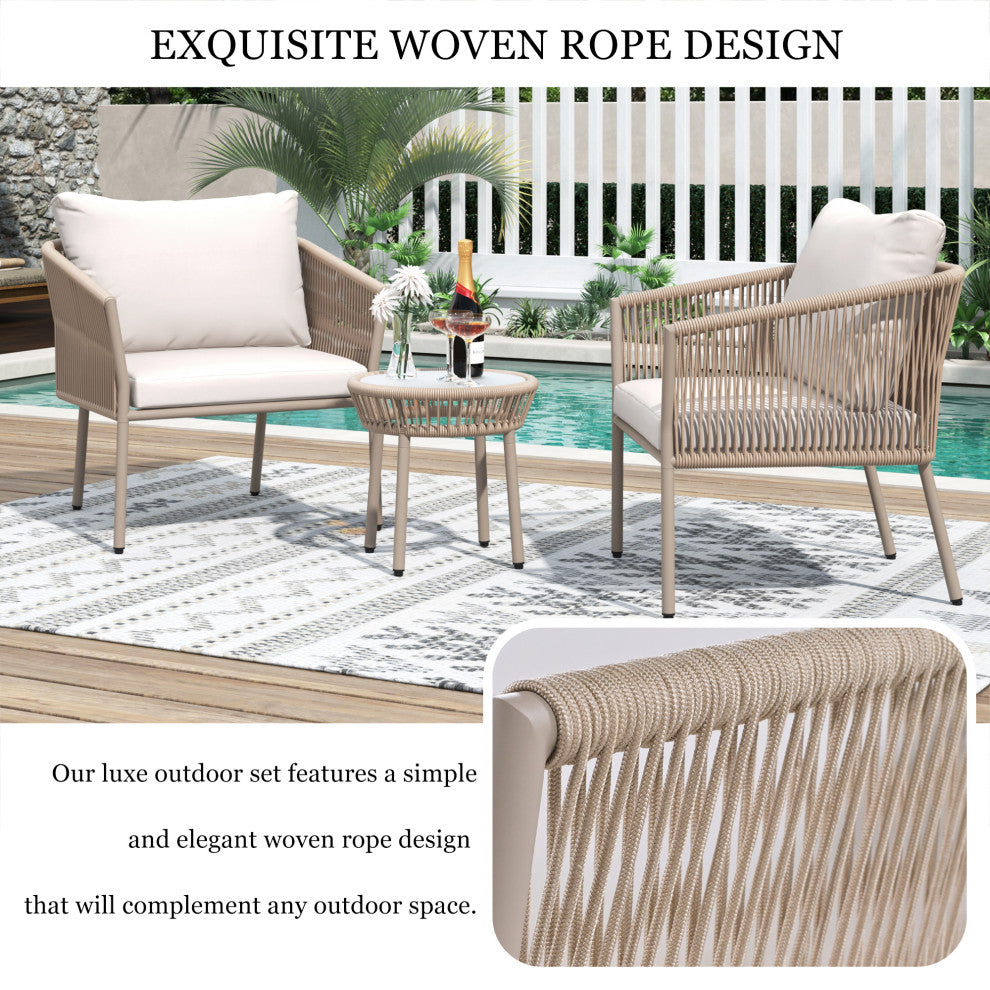 3-Piece Woven Rope Light Luxury Simple Style Outdoor Set with Coffee Table, Beige