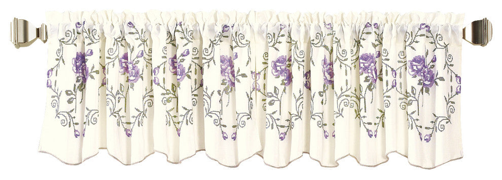 Rose Embroidery Window Curtain Valance, Lilac, 19" X 60"