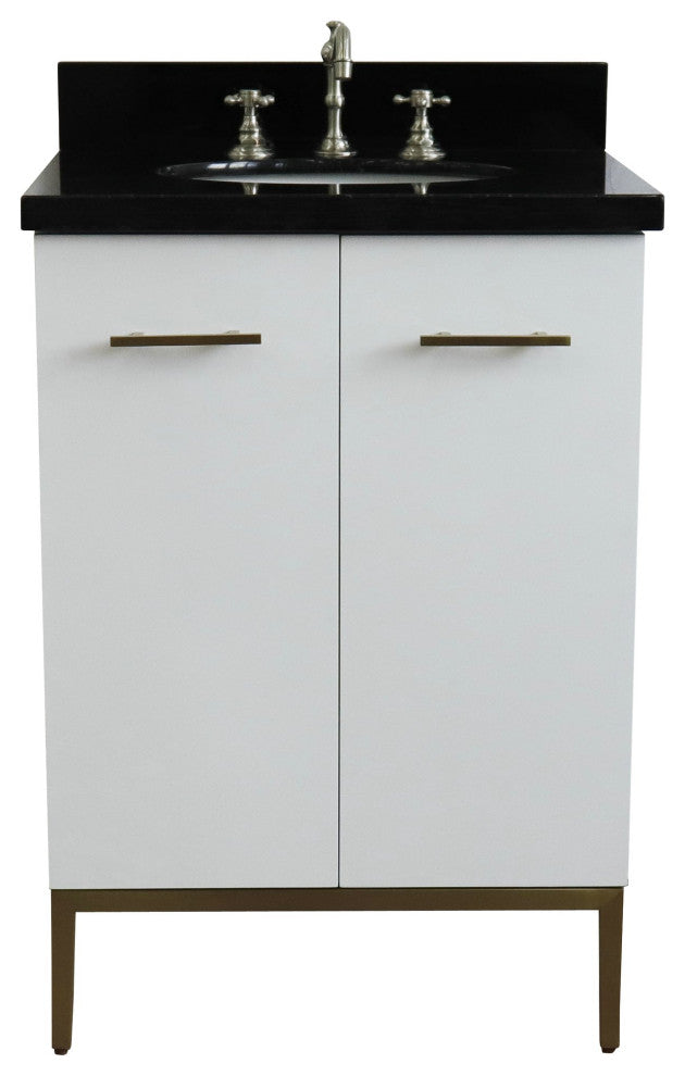 25" Single Sink Vanity, White Finish With Black Galaxy Granite And Oval Sink