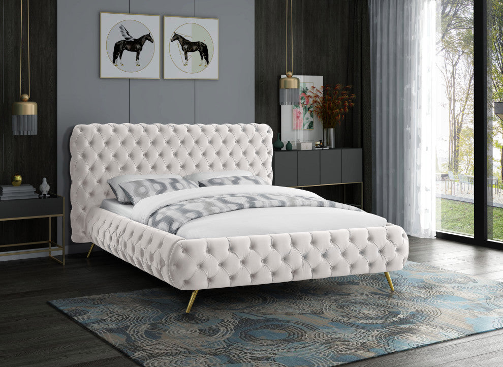 Delano Velvet Upholstered Bed, Cream, Queen