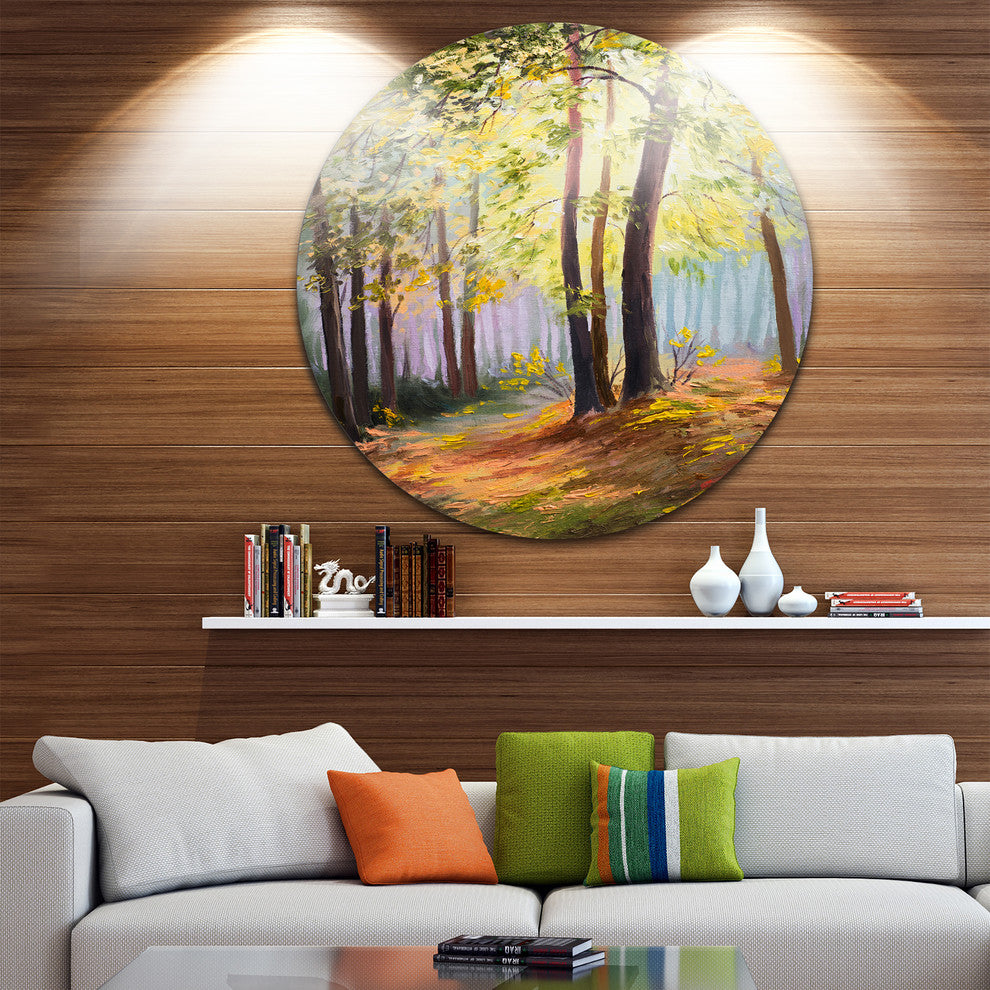 Spring Forest With Sunlight, Landscape Round Metal Wall Art, 38"