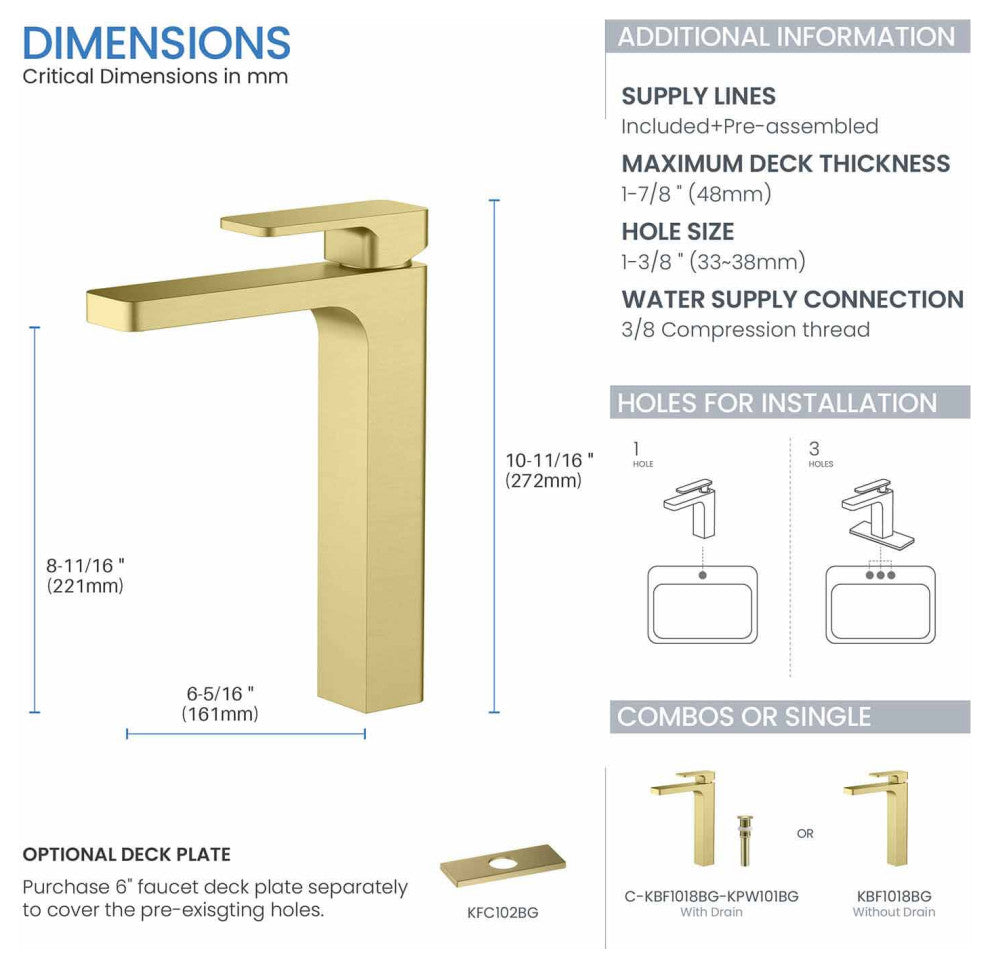 Blaze-T Single Handle Bathroom Vessel Sink Faucet, Brushed Gold
