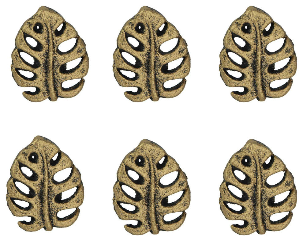 Set of 6 Gold Cast Iron Monstera Leaf Drawer Pulls Decorative Cabinet Knobs