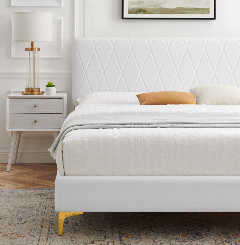 Platform Bed Frame, Queen Size, Velvet, White, Modern Contemporary, Bedroom