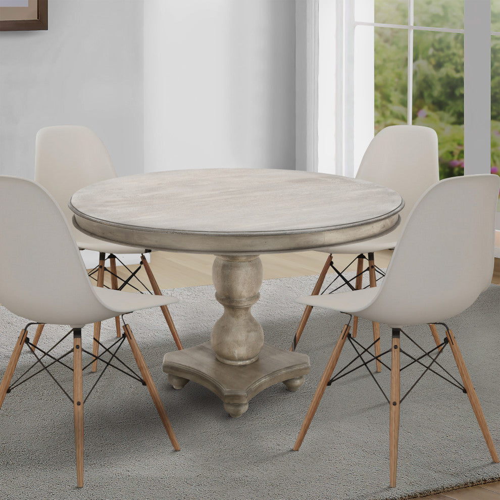 42" Mango Wood Dining Table Round Top Pedestal Base Washed White Gray