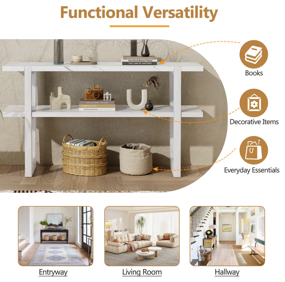 TATEUS Narrow Console Table with Marble-Effect Top for Entryway and Living Room, Antique White