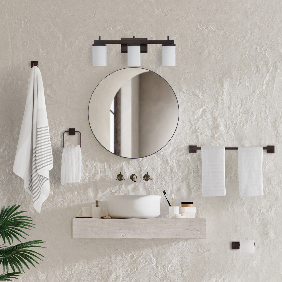 3-Light Modern Vanity, Frosted Glass Shades, Bathroom Accessory Set, 5-Piece