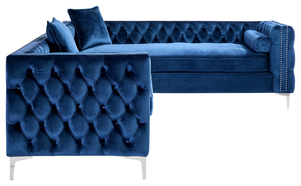Jeannie 120" Velvet Corner Sectional Sofa, Navy, Right Facing