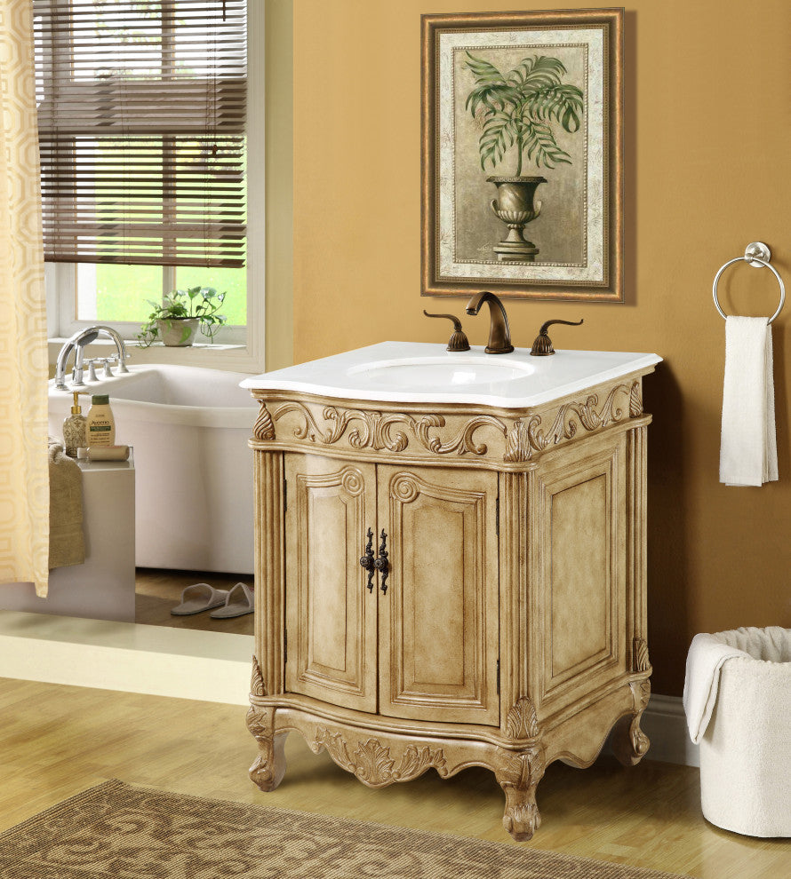 27" Single Bathroom Vanity, Antique Beige With ivory white engineered marble, Antique Beige, Ivory White Engineered Marble Top
