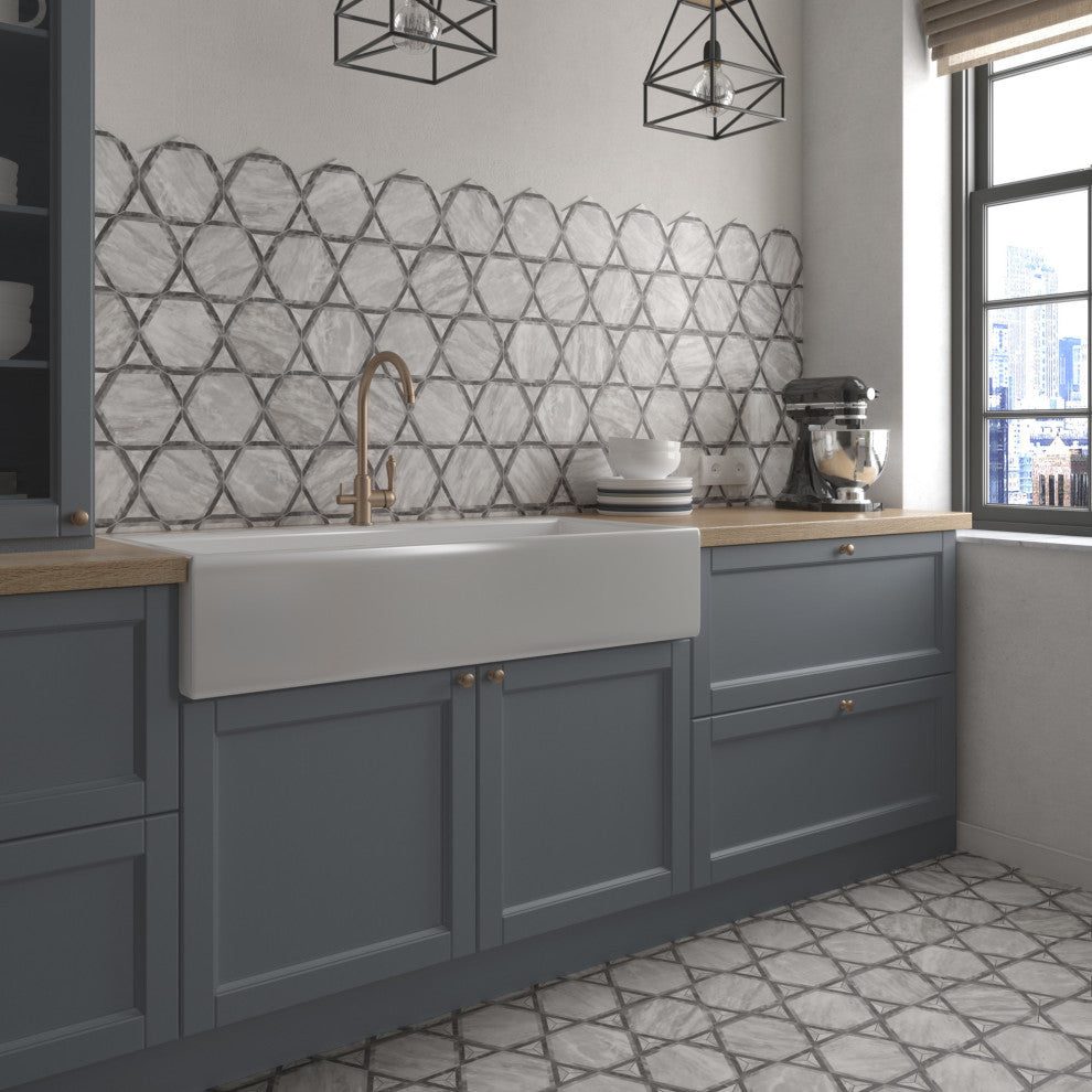 Classico Bardiglio Hex Dimension Porcelain Floor and Wall Tile Sample, Gray