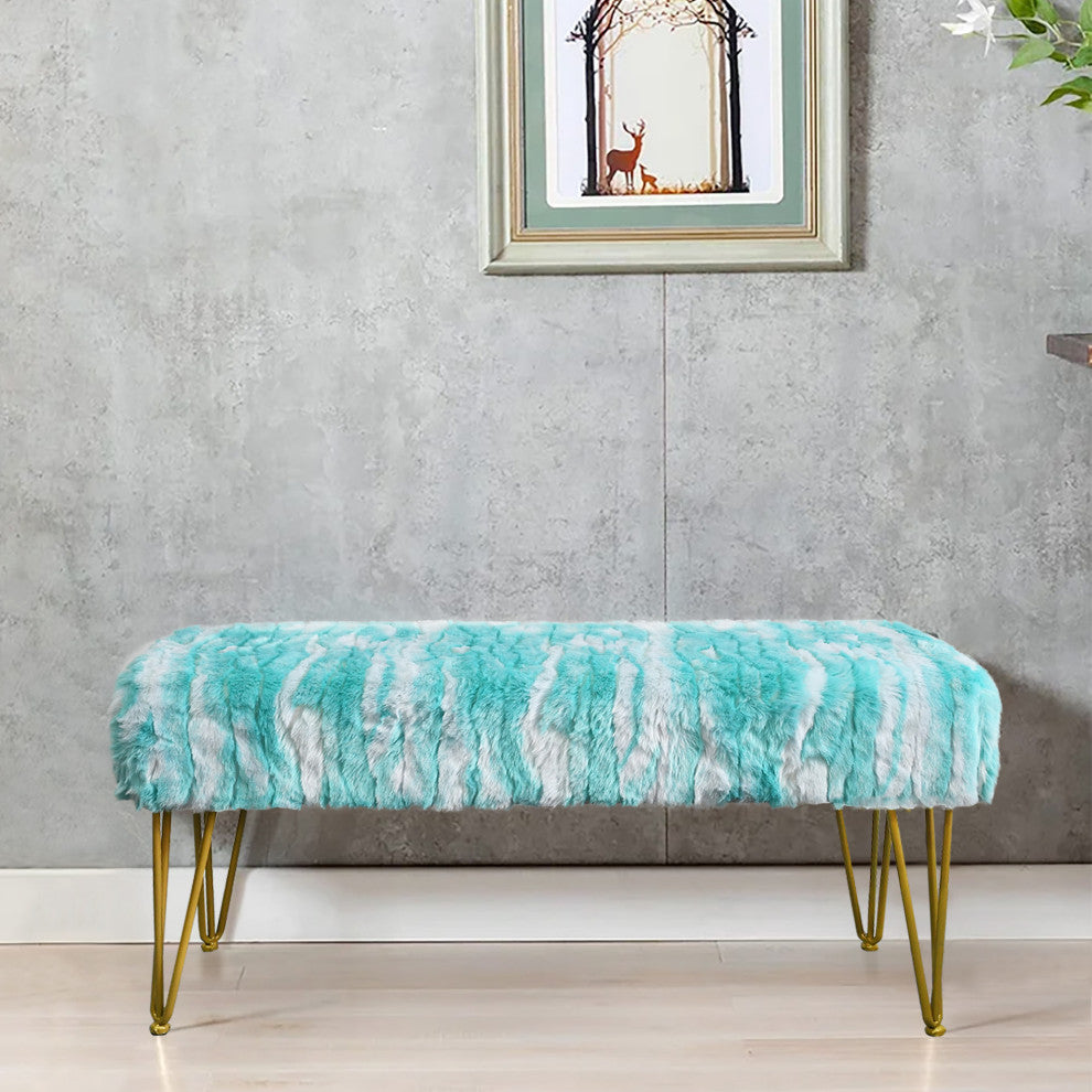 Soft Faux Fur Ottoman Fuzzy Entryway Bench Seat, Blue, 46"x16"x22"