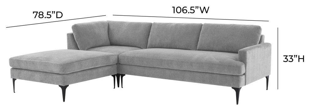 Serena Gray Velvet Left Arm Facing Chaise Sectional With Black Legs