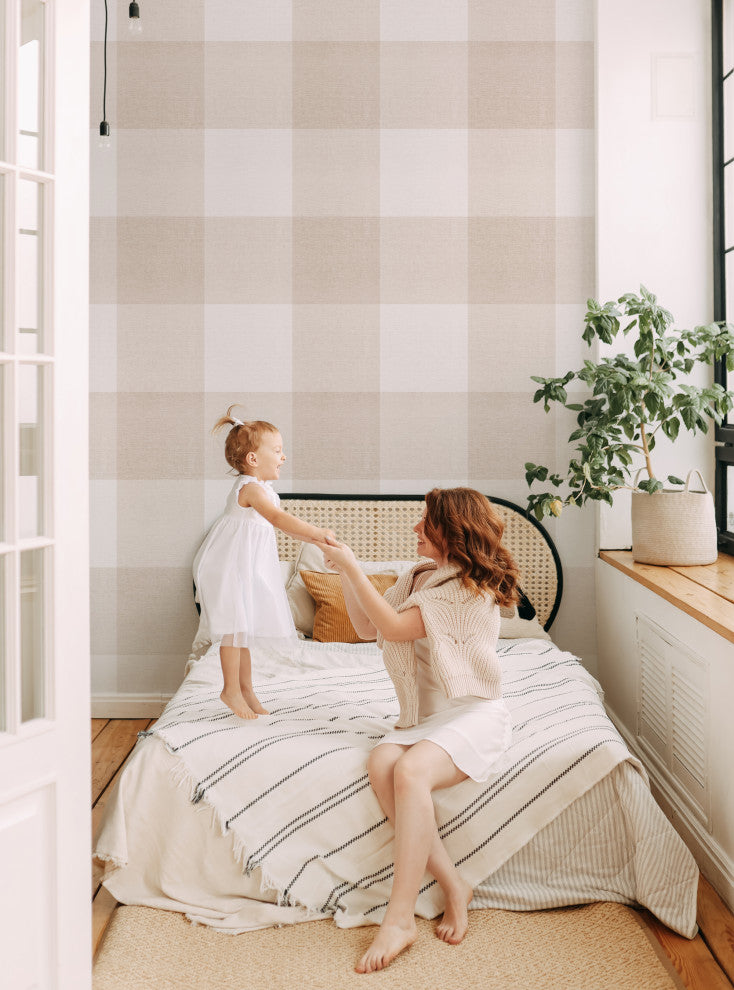 Checkered Fabric Look Large Peel and Stick Vinyl Wallpaper, Beige, 24"x108"