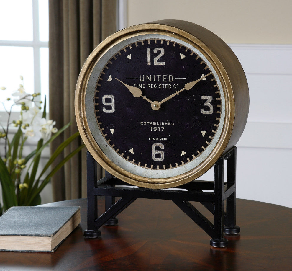 Uttermost Shyam Transitional Iron Glass and MDF Table Clocks in Black/Brass