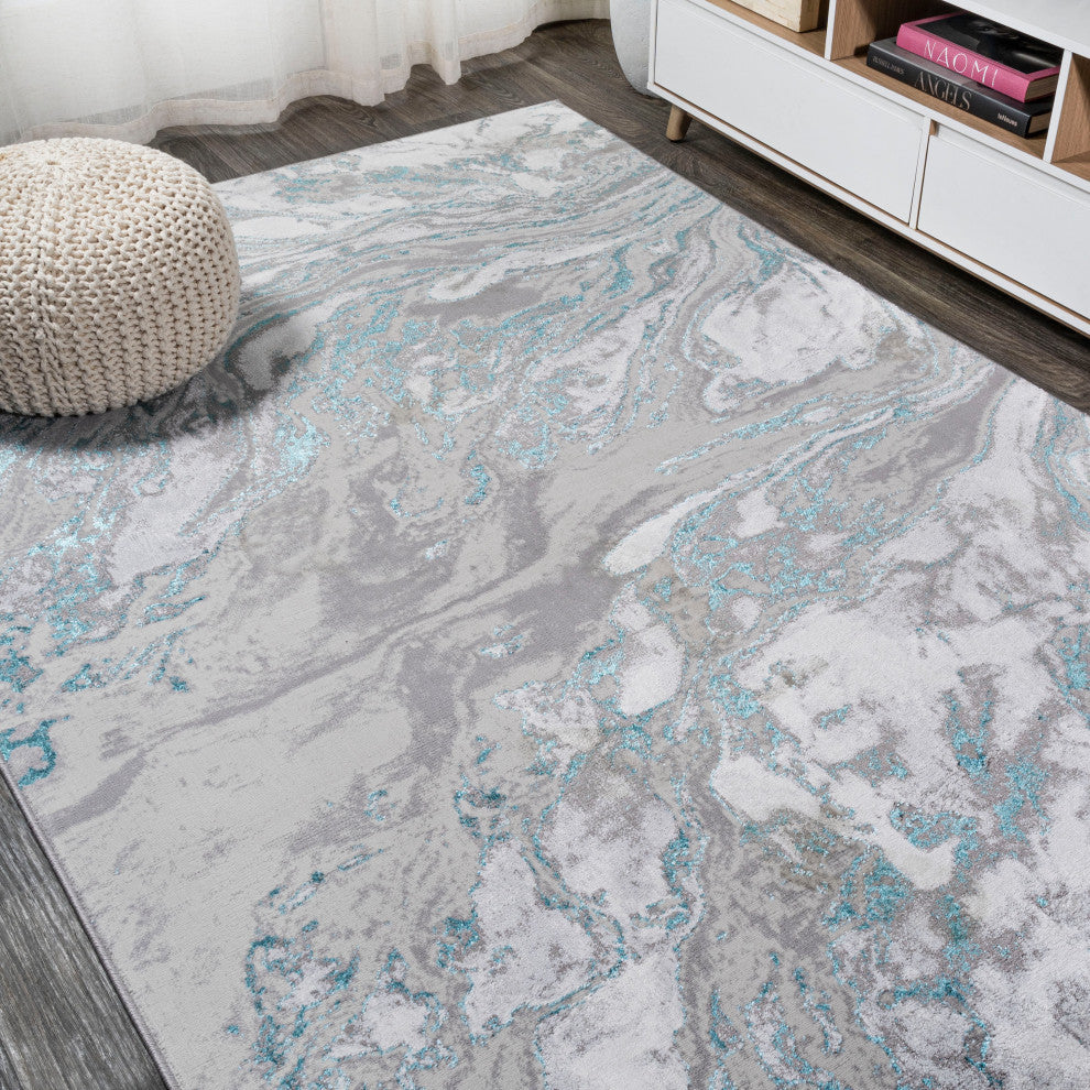 Swirl Marbled Abstract Area Rug, Gray/Turquoise, 5 X 8