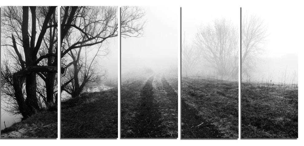 "Black And White Misty Landscape Panorama" Landscape Wall Art, 5 Panels, 60"x28"